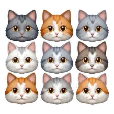 6 realistic looking cats with different natural coloured coats, assorted grey and white, greys, calico, brown and white colours etc
 sticker