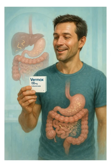 A realistic, cinematic illustration of a man in his late 30s holding a small white box of ‘Vermox’ (mebendazole) in one hand, with a relieved and hopeful expression on his face. Behind him, a semi-transparent overlay shows his digestive tract where small, symbolic worm-like parasites are dissolving and disappearing, indicating the medication’s effect. The environment is clean and bright, with a medical yet hopeful tone, conveying the concept of effective parasite removal. Subtle blue and green tones symbolize cleansing and health restoration, while the man appears energized and ready to reclaim his well-being sticker