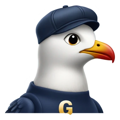Seagull with wearing navy ballcap emblazoned with a red G initial sticker