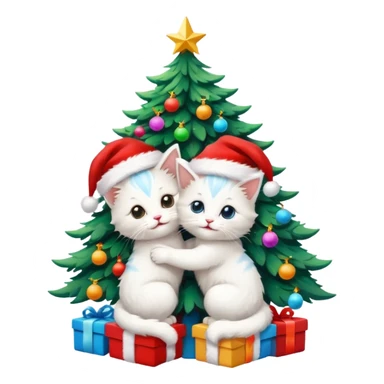 two hugging white happy fluffy cute kittens with Santa hats by a colorful multicolored bright little up Christmas tree sticker