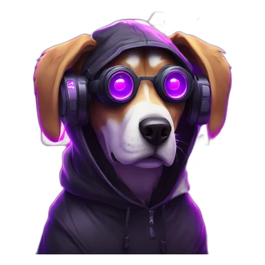 Russian dog wearing a black hoodie with "OMG" letters on it and VR headset in a cyberpunk VR environment with violet neon lighting. sticker