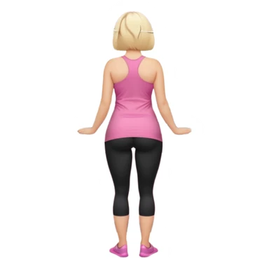 Render from knees up, view from the back, fair skinned woman, curvy, short blond hair, small reading glasses, cooking dinner in kitchen, pink loose tank top, showing natural B cup breast shape SFW, black yoga pants, large curvy booty sticker