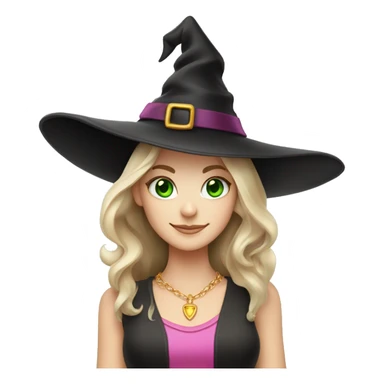 Witchy light brunette haired green eyed white girl with a witty smile a gold necklace and a black witch hat with a pink bow sticker