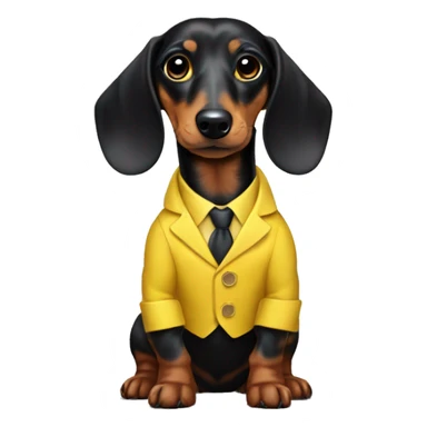 Black log haired dapple dachshund in a yellow suit sticker