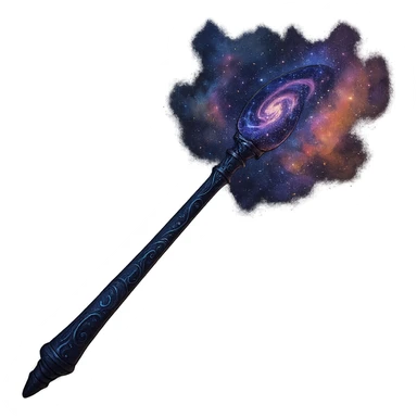 a fantasy wand with a galaxy-shaped crystal at the tip, emitting nebula clouds and stardust, magical and cosmic sticker