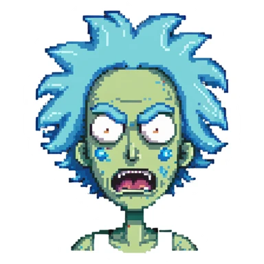 Rick from Rick and Morty with angry expression, wild blue hair, furious face sticker