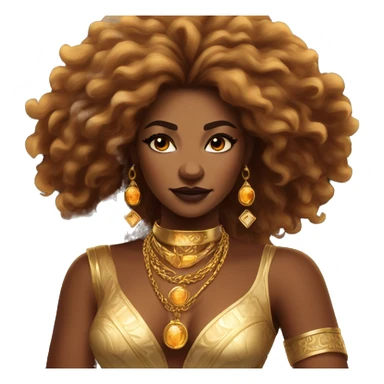 Create an emoji of a confident woman with voluminous lion-like hair, bold makeup, and gold jewelry, embodying the Leo zodiac sign with a regal expression and fiery energy. sticker