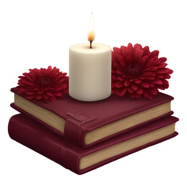 A maroon book stack adorned with ruby-red chrysanthemums and a candle sticker