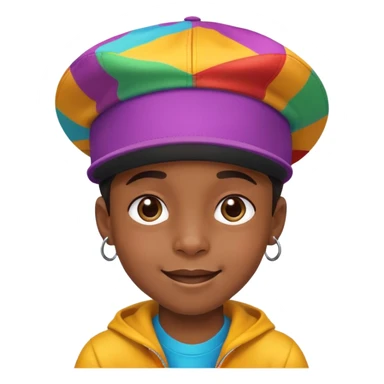 black kid with a colorful hiphop hat, happy face sticker