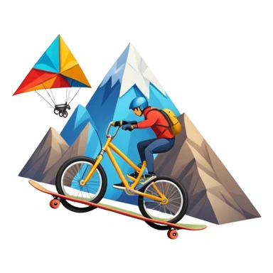 An emblem-style design representing extreme sports and lifestyle, featuring symbols of adventure such as a mountain, a skateboard, a kite, and a bike. The design is bold and dynamic, with sharp lines and energetic colors, capturing the essence of thrill, freedom, and adrenaline. sticker