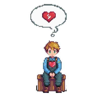 boy sitting, looking thoughtful, with a thought bubble containing a heart and question mark sticker
