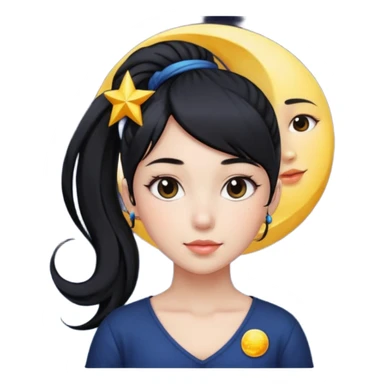 girl with black ponytail, sun, moon, star sticker
