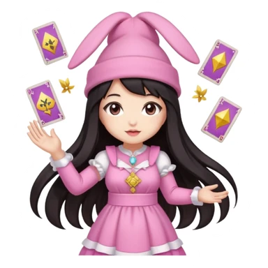 pixel art chibi asian girl with dark long hair in pink bunny hat magical girl with tarot cards thrown in air pixel emoji sticker