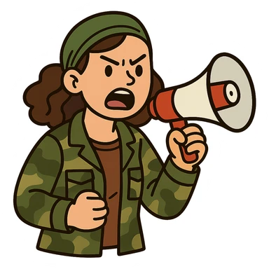 flat toon style woman with green headband, camo jacket, holding a megaphone, angry expression sticker