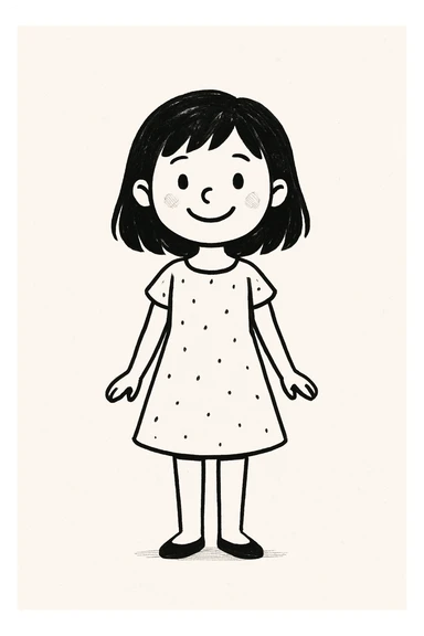 girl in a dress with black hair, smiling, standing pose, minimal background sticker