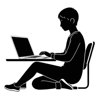 Minimalistic flat vector icon, iOS style, thin black contour on white background. Person silhouette sitting with a laptop, code brackets <> on the screen. Clean, no te sticker