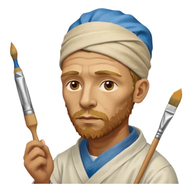 van gogh paints on a canvas. his ear is bandaged. sticker