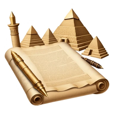 An icon showing a rolled parchment scroll, a quill pen, and ancient landmarks like pyramids and columns in the background. The design symbolizes the study of past civilizations, events, and heritage. Transparent background emphasizes the timeless exploration of human history. sticker