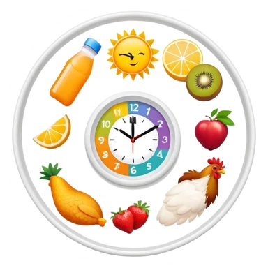 Daily fitness nutrition schedule with water bottle, sun, chicken and rice plate, gym equipment, yogurt, fruit, and sleep symbol arranged in a circle like a clock sticker