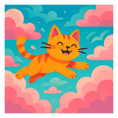 a cat flying in pink clouds, dreamy and whimsical, vibrant cartoon style sticker