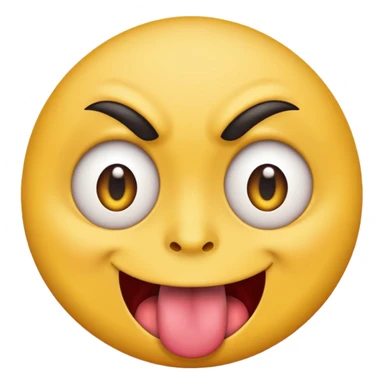 A yellow round face emoji smirking with its tounge out but the eyes are evil and kind of crazy and only one of the eyebrows is raised and the other eyebrow is lower and normal sticker