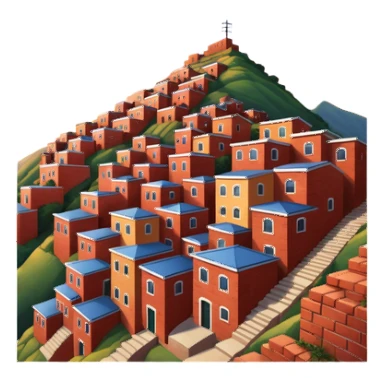 Urban Peruvian hillside neighborhood, brick houses stacked on steep hills, unfinished red brick buildings, colorful painted facades, narrow stairways, electric cables crossing the sky, sunset lighting, realistic style, cinematic, high detail sticker