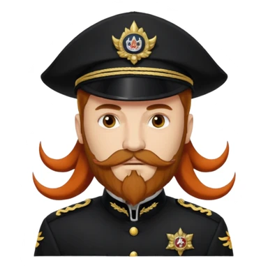 An auburn-hair'ed admiral with a flawless bear and mustache wearing a black admiral outfit and hat with Wolf Ears coming out of the hat, and 9 tails behind him, with the admiral black shirt featuring on the left breast pocket the insignia of Helldivers 2. sticker