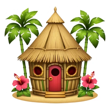 Hawaiian tiki hut house, round tropical hut, bamboo details, thatched roof, tiki masks decoration, hibiscus flowers, cute mobile game icon, 3D cartoon, clean background, no text sticker