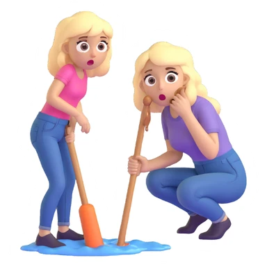 blond woman sitting on her knees with wide eyes, another man in jeans is staying (not sitting) on her left, she's holding a wide skin-colored stick with a D-shaped knob, the stick and the nob have skin texture, water squirting from the knob into her mouth, shocked face sticker
