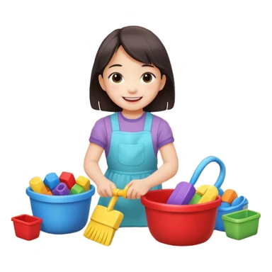 A cute 4-year-old Japanese girl with a big smile, proudly cleaning up her toys by herself in a bright playroom. She is putting colorful blocks and dolls back into baskets, looking happy and accomplished.  sticker