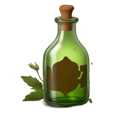 Mysterious Alchemical vintage glass potion bottle, exquisite bottle shape, old and shabby, with label, stylish and minimalistic, brown and shabby-green, oil potion is poured out of the bottle, herbal, flowers and oil is spilled next to it sticker