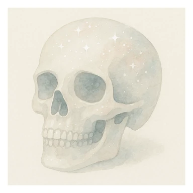 a glittery skull with sparkling highlights and shimmering textures in watercolor art style sticker