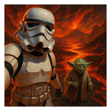 make digital poster art of Camera POV, Starwars stormtroopers vlogging selfie, he is walking on lava planet with yoda
 sticker