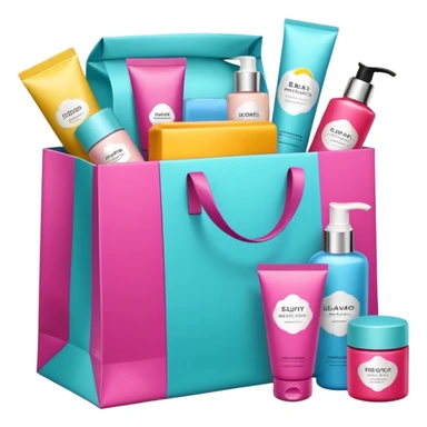 Gift bag with beauty products (shampoo, creams, styling products), a gift bag is beautyful open box full of luxury brand-labeled beauty products sticker