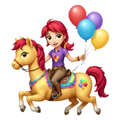 sunset shimmer mlp holding colorful balloons tied to its saddle, looking cheerful. sticker