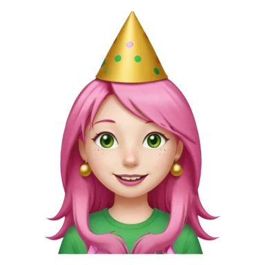 Create a girl with long pink hair and green eyes with long eyelashes and a smiley face. She has freckles in her face and a lit of bit of pink lipstick on her mouth, she’s also got gold birthday party hat on her head with gold pom poms on top of it, and her T-shirt is all red sticker