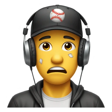 An emoji of a gamer wearing large headphones and a backward baseball cap, crying with tears streaming down both cheeks. The face shows a mix of sadness and frustration, with the mouth slightly open. The background is simple and non-distracting sticker