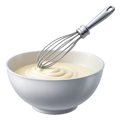 Cinematic Realistic Whisk & Mixing Bowl, a well-used metal whisk resting in a smooth ceramic mixing bowl, light reflecting off the whisk’s polished surface, subtle smears of batter along the rim, glowing with a sense of warmth and creativity. sticker