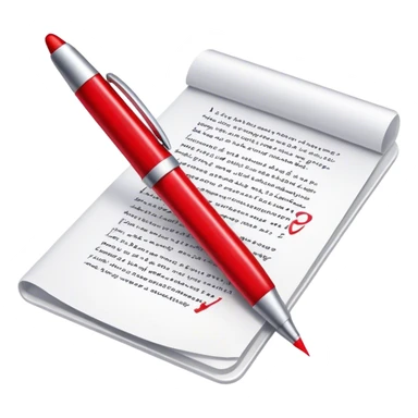 Create an emoji representing editing and proofreading. The design should feature an open document or manuscript with visible text and proofreading marks (such as red underlines or corrections). A red pen or pencil should be placed near the document, symbolizing the act of making edits. Optionally, include a magnifying glass to represent careful review. Use neutral and professional colors like white, black, and red accents to highlight the editing process. Do not include any emojis or smiley faces. Make the background transparent. sticker