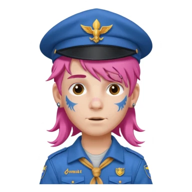 scout boy long hair face tatooes pink haired, wearing blue uniform with hat sticker