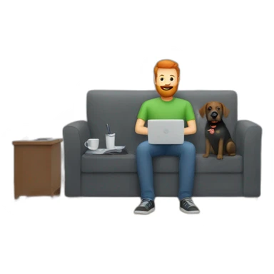 a man with a red beard sits working on a computer on the sofa with a black Labrador sticker