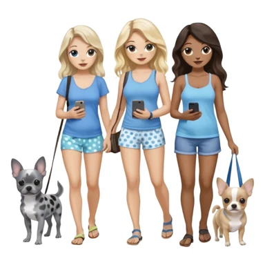 Three pretty women in beach clothes one walking a blue and gray spotted Merle Frenchie, one walking a black chihuahua puppy, one holding iPhone, hazel eyed light skin with dark blonde long hair and light light skin hazel eyed long wavy brown hair, blue eyed light skin long blonde hair  sticker