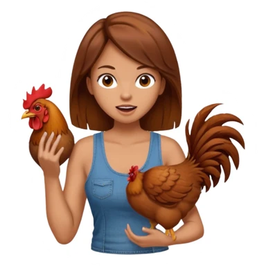 Kneeling Brown hair very large boob Woman open mouth tank top, wearing jeans touching one rooster sticker