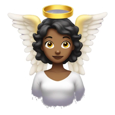 yellow round emoji of a naughty-looking dark-haired young woman with an angel halo on her head sticker