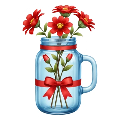 Blue mason jar with flowers and red ribbon sticker