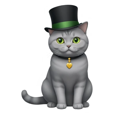 gray British Shorthair cat full body sitting with a black top hat and green eyes sticker