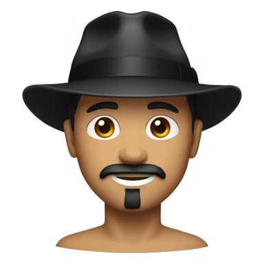 Man with bright red skin, black fedora and black goatee sticker