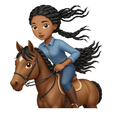 Black girl with long black braids ridding a horse her hair blows in the wind and sun shines on her brown eyes sticker