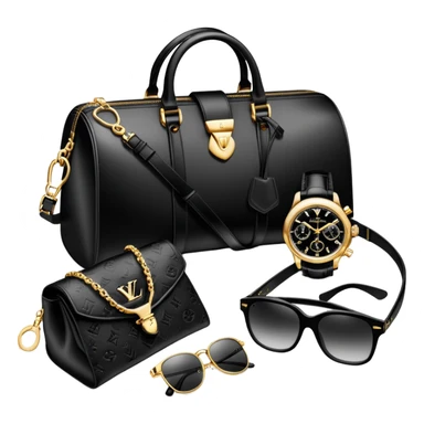 bag and watch, and glasses 1 specfic, all black and white put together like a bundle with no face, all luxury items like lv and prada, and rolex sticker