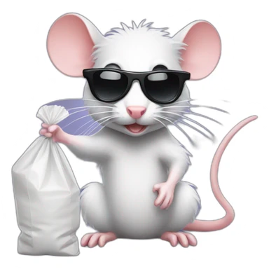 badass rat wearing sunglasses holding a small plastic bag of powdered sugar sticker